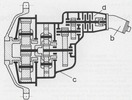 An excavator track drive with spring loaded multi-disc brake (a) between the motor (b) and gear (c)