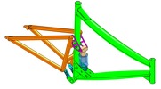 ISO-view showing a mechanism named rear suspension system for a two-wheel vehicle in position P1
