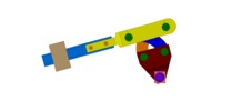 View from the front showing a mechanism named device type linkage articulated in a quadrilateral cross in position P0