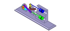 ISO-view showing a mechanism named mechanism with slides and levers of the piston machine with an adjustable stroke of one of the two pistons in position P6