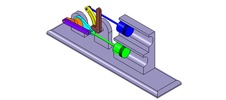 ISO-view showing a mechanism named mechanism with slides and levers of the piston machine with an adjustable stroke of one of the two pistons in position P18