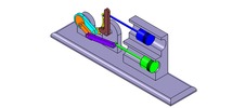 ISO-view showing a mechanism named mechanism with slides and levers of the piston machine with an adjustable stroke of one of the two pistons in position P19