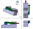 Quadruple view showing a mechanism named A slider-crank mechanism with adjustable crank length