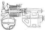 Longitudinal section of the turbine and condenser.