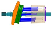 View from the front showing a mechanism named axial piston pump with oblique disk in position P0