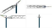 Quadruple view showing a mechanism named tower crane with a folding camber in position P00