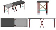 Quadruple view showing a mechanism named folding massage table in position P00