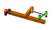 ISO-view showing a mechanism named sliding mechanism and levers of the rower toy in position P0