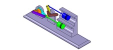 ISO-view showing a mechanism named mechanism with slides and levers of the piston machine with an adjustable stroke of one of the two pistons in position P7