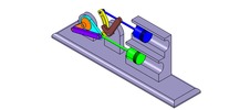 ISO-view showing a mechanism named mechanism with slides and levers of the piston machine with an adjustable stroke of one of the two pistons in position P14