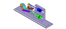 ISO-view showing a mechanism named mechanism with slides and levers of the piston machine with an adjustable stroke of one of the two pistons in position P9