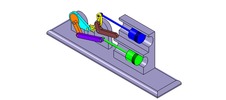ISO-view showing a mechanism named mechanism with slides and levers of the piston machine with an adjustable stroke of one of the two pistons in position P1