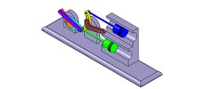ISO-view showing a mechanism named mechanism with slides and levers of the piston machine with an adjustable stroke of one of the two pistons in position P2