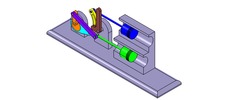 ISO-view showing a mechanism named mechanism with slides and levers of the piston machine with an adjustable stroke of one of the two pistons in position P0