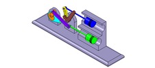 ISO-view showing a mechanism named mechanism with slides and levers of the piston machine with an adjustable stroke of one of the two pistons in position P16