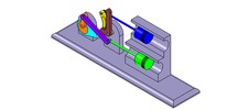 ISO-view showing a mechanism named mechanism with slides and levers of the piston machine with an adjustable stroke of one of the two pistons in position P20