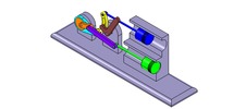 ISO-view showing a mechanism named mechanism with slides and levers of the piston machine with an adjustable stroke of one of the two pistons in position P12