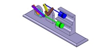 Vue ISO qui montre un mécanisme nommé mécanisme à coulisse et leviers de la machine à piston, avec une course réglable de l’un des deux pistons en position P15