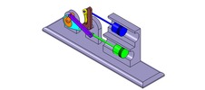 ISO-view showing a mechanism named mechanism with slides and levers of the piston machine with an adjustable stroke of one of the two pistons in position P17