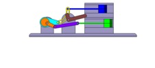 Vue de face qui montre un mécanisme nommé mécanisme à coulisse et leviers de la machine à piston, avec une course réglable de l’un des deux pistons en position P3