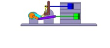 Vue de face qui montre un mécanisme nommé mécanisme à coulisse et leviers de la machine à piston, avec une course réglable de l’un des deux pistons en position P19