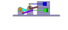 Vue de face qui montre un mécanisme nommé mécanisme à coulisse et leviers de la machine à piston, avec une course réglable de l’un des deux pistons en position P1