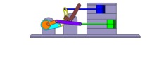 Vue de face qui montre un mécanisme nommé mécanisme à coulisse et leviers de la machine à piston, avec une course réglable de l’un des deux pistons en position P12