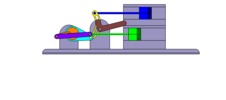 Vue de face qui montre un mécanisme nommé mécanisme à coulisse et leviers de la machine à piston, avec une course réglable de l’un des deux pistons en position P4