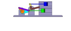 Vue de face qui montre un mécanisme nommé mécanisme à coulisse et leviers de la machine à piston, avec une course réglable de l’un des deux pistons en position P2