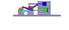Vue de face qui montre un mécanisme nommé mécanisme à coulisse et leviers de la machine à piston, avec une course réglable de l’un des deux pistons en position P6