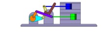 Vue de face qui montre un mécanisme nommé mécanisme à coulisse et leviers de la machine à piston, avec une course réglable de l’un des deux pistons en position P16