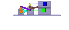 Vue de face qui montre un mécanisme nommé mécanisme à coulisse et leviers de la machine à piston, avec une course réglable de l’un des deux pistons en position P0
