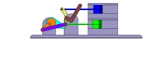 Vue de face qui montre un mécanisme nommé mécanisme à coulisse et leviers de la machine à piston, avec une course réglable de l’un des deux pistons en position P14