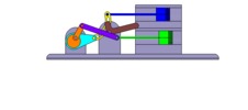 Vue de face qui montre un mécanisme nommé mécanisme à coulisse et leviers de la machine à piston, avec une course réglable de l’un des deux pistons en position P5