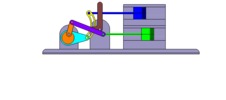Vue de face qui montre un mécanisme nommé mécanisme à coulisse et leviers de la machine à piston, avec une course réglable de l’un des deux pistons en position P20