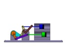 Vue de face qui montre un mécanisme nommé mécanisme à coulisse et leviers de la machine à piston, avec une course réglable de l’un des deux pistons