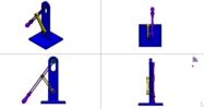 Quadruple view showing a mechanism named slider crank mechanism with 3 elements