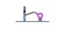 Vue de face qui montre un mécanisme nommé mécanisme à coulisseau et manivelle avec course double du coulisseau en position P0