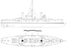 Plan view and side view of the Garibaldi class cruisers. From: “Gli incrociatori Italiani” – Uff. Storico della Marina Militare, Roma 1962