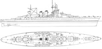 Plan view and side view of the Caio Duilio class Battleships after their reconstruction. From: “Le navi di linea Italiane” – Uff. Storico della Marina Militare, Roma 1962